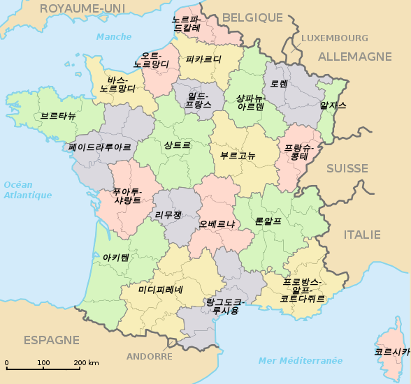 Carte des régions française en coréen